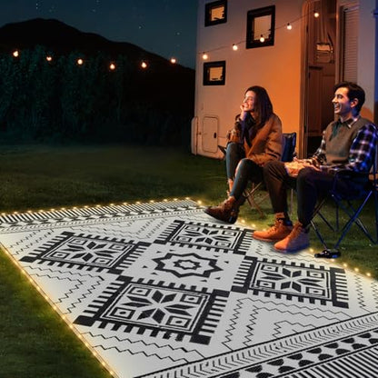 DiiKoo Waterproof Outdoor Rug Mat for Patio, Waterproof Plastic Straw Rugs for Patio RV Camping Picnic Balcony, Boho3 LED3 (Black&White)/8x10ft with LED Lights