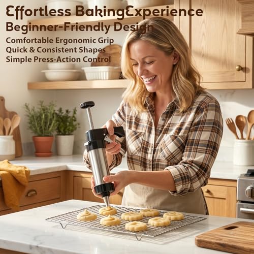 Cookie Press Gun Kit, Stainless Steel – 13 Discs + 8 Nozzles, Perfect for DIY Cookies & Decorating, Baking Gift for Women