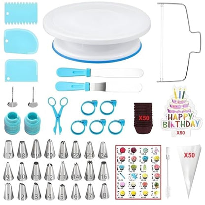 ANSLYQA Cake Decorating Kit, 193 Pcs with Cake Turntable, Leveler, 24 Numbered Icing Tips, 2 Spatulas, 2 Couplers, 3 Scrapers, 50 Pastry Bags, 50 Paper Cupcake Liners & More Baking Tools, (Blue)