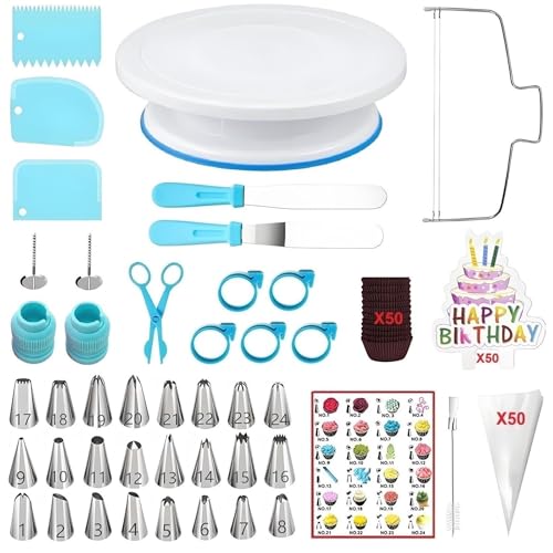 ANSLYQA Cake Decorating Kit, 193 Pcs with Cake Turntable, Leveler, 24 Numbered Icing Tips, 2 Spatulas, 2 Couplers, 3 Scrapers, 50 Pastry Bags, 50 Paper Cupcake Liners & More Baking Tools, (Blue)