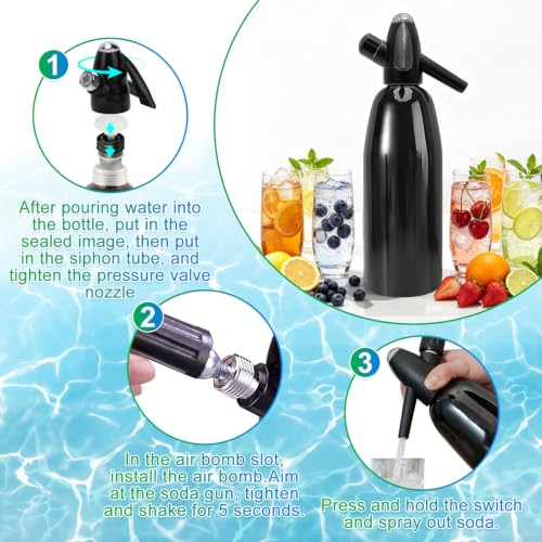 Soda Siphon, 1L Portable Seltzer Maker - Retro-Style Sparkling Water Machine for Homemade Carbonated Drinks, Juices & Cocktails, Uses 8g CO2 Cartridges (Cartridges Not Included) - Black