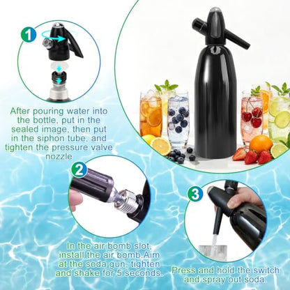 Soda Siphon, 1L Portable Seltzer Maker - Retro-Style Sparkling Water Machine for Homemade Carbonated Drinks, Juices & Cocktails, Uses 8g CO2 Cartridges (Cartridges Not Included) - Black