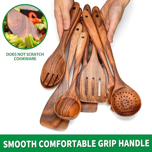 Wooden Spoons for Cooking, Acacia Wood Cooking Utensils Set – 11 Piece Wooden Kitchen Tools with Holder, Spoon Rest, Nonstick Cookware Safe by HOWHONG