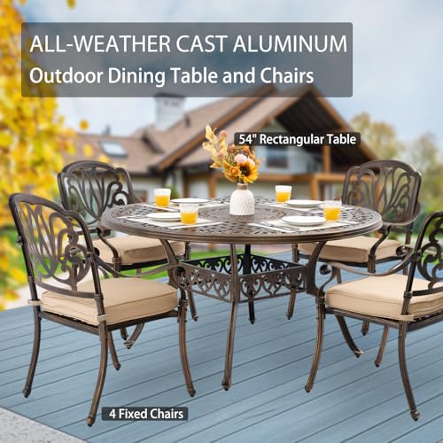 AIWOEN 5-Piece Cast Aluminum Patio Furniture, Outdoor Dining Sets for 4 Include 54" Round Patio Dining Table and 4 Stackable Chairs with Cushions & Umbrella Hole (Bronze)