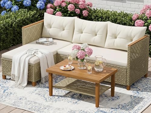 Devoko Wicker Patio Furniture Set, 3 Pieces Outdoor Sofa with Tufted Pillow,PE Rattan Small Sectional Couch Set for Backyard, Deck,Porch & Poolside(Brown)