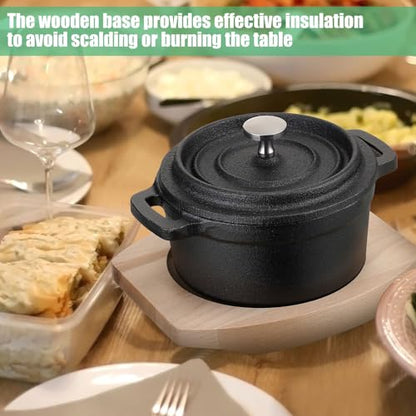2 Sets Dutch Oven Pot with Lid and Wooden Base Pre Seasoned Cast Iron Casserole Mini Cast Iron Pot Round Cocotte with Handle Heavy Duty Cookware for Christmas Thanksgiving Party Gift Black(17 Oz)