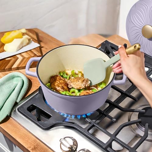 4 Quart Enameled Cast Iron Dutch Oven, Round Pot with Petal Design Lid, Non-Stick Enamel Coated Heavy-Duty Braising Pot for Stovetop, Oven Safe, Ideal for Baking, Stewing, Roasting & Daily Cooking