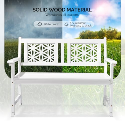 VINGLI 47" Outdoor Wood Bench, All Weather Outdoor Wooden Patio Garden Bench, Outside Loveseat 660lbs Capacity for Front Porch Park Entryway (White)