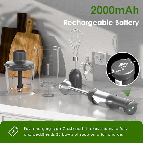 WHUTO Cordless Immersion Hand Blender, 5-in-1 Variable Speed blender handheld,Rechargeable with 2000mAh Battery, BPA-Free & Dishwasher-Safe Accessories:700ml Beaker,Chopper,Whisk & Milk Frother,Grey