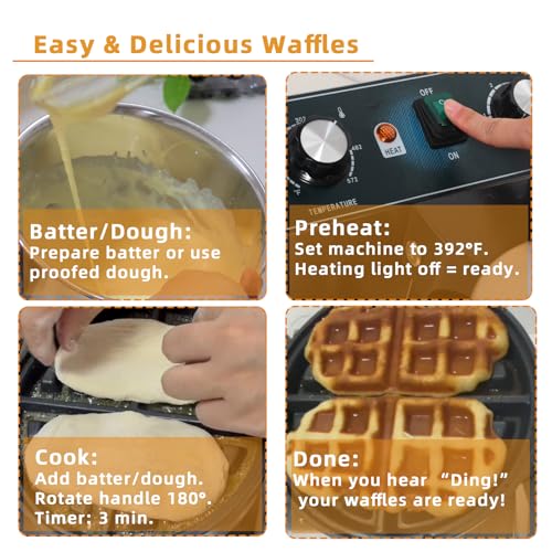 Hehinton® 110V 1300W Commercial Belgian Waffle Maker, Rotatable Croffle Machine with 122-572℉ Temp Control, 0-5min Timer, φ7"X1.2" Thick Non-Stick Liege Waffle Maker