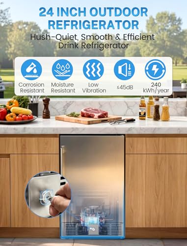 Electactic 15 Inch Outdoor Beverage Refrigerator, Undercounter Beverage Cooler with Stainless Steel Door, Built-in & Freestanding Drink Fridge for Beer Wine Soda, Outdoor Fridge for Patio Home Kitchen