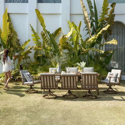 SEEHILL 9 Pieces Outdoor Dining Set, Aluminum Patio Swivel Dining Set, Teak