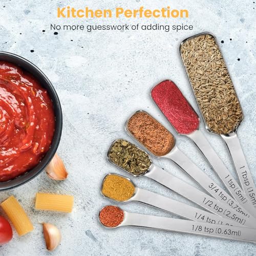 Stainless Steel Measuring Spoons Set of 14 with Leveler, Rectangular Teaspoon & Tablespoon Measuring Spoons for Dry & Liquid Ingredients, Slim Design Fits in Spice Jars