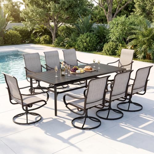 MFSTUDIO 9 Pcs Outdoor Dining Set, 82'' Metal Table & Swivel Mesh Chairs