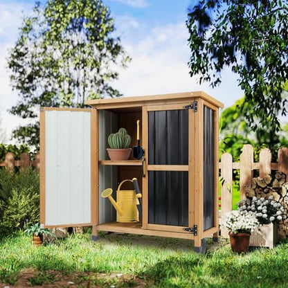 Ketive Outdoor Storage Cabinet, Wood & Metal Small Garden Tool Storage Cabinet with Weather-Resistant Asphalt Roof, Double Lockable Doors & Removable Shelves for Porch, Patio, Garden, Backyard