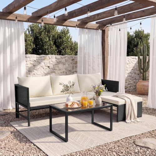 Tappio 3 Pieces Patio Furniture Sectional Sets, 3-Piece Outdoor PE Rattan Furniture Sets, Outdoor All-Weather PE Rattan Wicker Lawn Conversation Sets with Cushion and Glass Table (Begie)