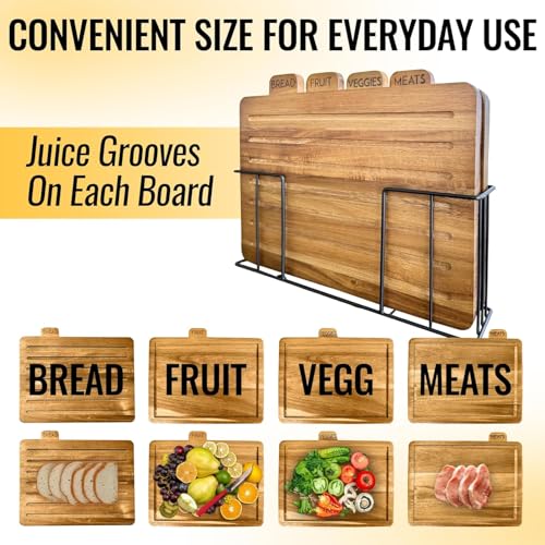 MODERNLYST Acacia Cutting Boards for Kitchen with Holder 13" x 11" x 2.5" | Labeled Wood Cutting Board Sets | Large Wooden Cutting Board Set of 4 with Black Organized Stand | Non Toxic Chopping Board
