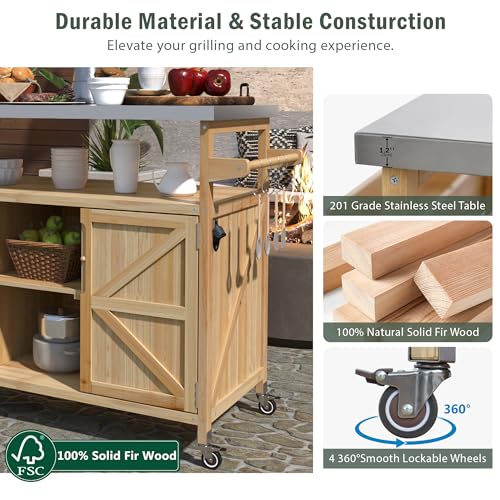 Outdoor Kitchen Rolling Bar Cart with Storage Cabinet, Farmhouse Solid Wood Outdoor Grill Table with Stainless Steel Top, Spice Rack and Towel Rack, Perfect for Barbecue Poolside Patio (Natural)
