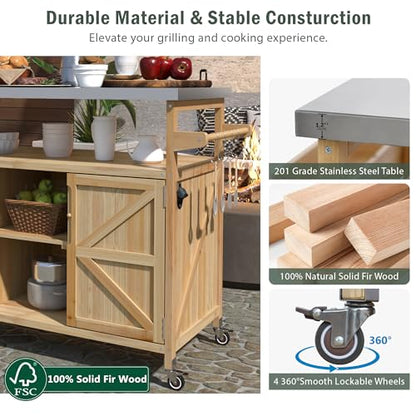 Outdoor Kitchen Rolling Bar Cart with Storage Cabinet, Farmhouse Solid Wood Outdoor Grill Table with Stainless Steel Top, Spice Rack and Towel Rack, Perfect for Barbecue Poolside Patio (Natural)