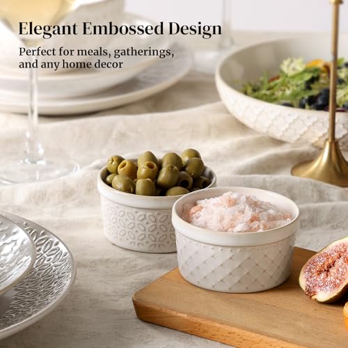 DOWAN Ramekins Oven Safe with Lids 4 oz, Charcuterie Boards Bowls Set for Creme Brulee, Souffle, Dipping Sauces, Custard Cups Ceramic Food Storage Containers, Set of 6, Beige