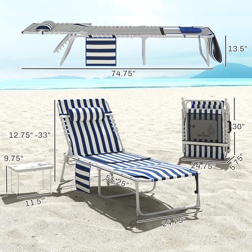 Outsunny Tanning Chair with Face Hole, Side Table, 5-Position Reclining Folding Chaise Lounge Chair Outdoor Lounger Recliner, Carry Straps for Beach Pool Camp, Oxford Fabric, Blue and White