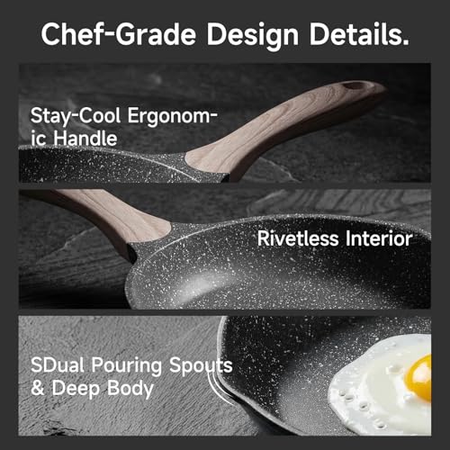 JEETEE 10 Inch Nonstick Frying Pan Stone Coating Cookware, Nonstick Omelette Skillet with Soft Touch Handle, Compatible with All Stoves