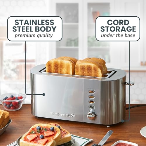Elite Gourmet 4-Slice Long Slot Toaster, 1.5" Wide & 5.1" Deep Slots