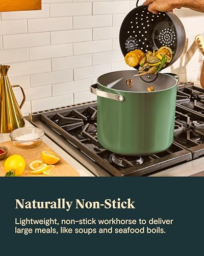 Caraway Stock Pot - 12 Qt Ceramic Coated With Lid - Free From Forever Chemicals - Large for Bigger Batches - Cream