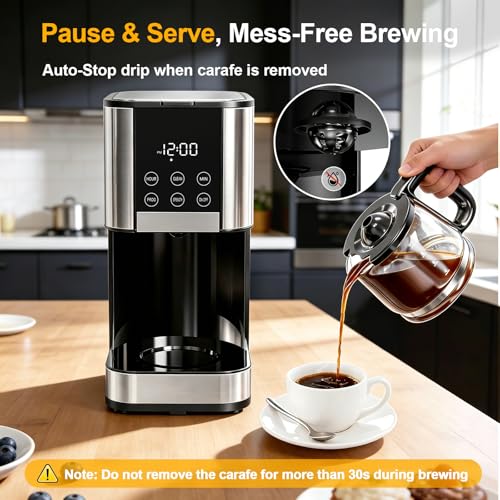 10 Cup Programmable Drip Coffee Maker, Adjustable Brew Strength, Pause & Serve, Heat Resistant Glass Carafe, Permanent Filter, Auto Shut Off, Stainless Steel, Compact Coffee Machine for Home Office