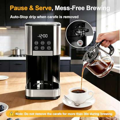 10 Cup Programmable Drip Coffee Maker, Adjustable Brew Strength, Pause & Serve, Heat Resistant Glass Carafe, Permanent Filter, Auto Shut Off, Stainless Steel, Compact Coffee Machine for Home Office