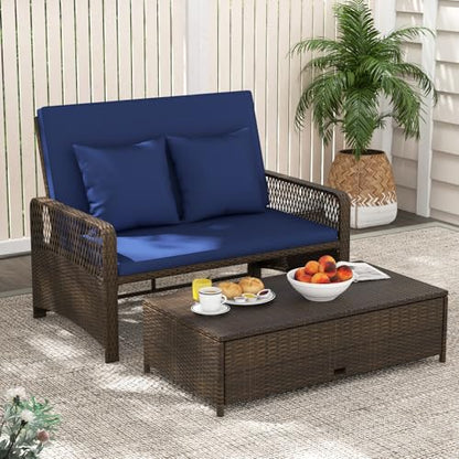 Tangkula Patio Rattan Daybed with 4-Level Adjustable Backrest, Navy