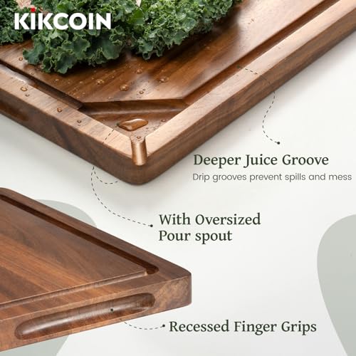 Acacia Wood Cutting Boards for Kitchen, Kikcoin 3 PCS Wooden Cutting Board Set with Holder, Chopping Board with Compartments and Juice Groove, Solid Charcuterie Boards Serving Tray Wood Butcher Block