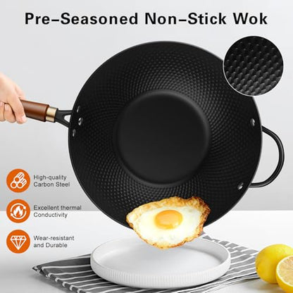 Todlabe 13-Inch Carbon Steel Wok Pan with Glass Lid, Naturally Nonstick Pre-Seasoned Woks & Stir-Fry Pans, No Chemical Coating, Flat Bottom for Induction, Gas, Electric, Halogen & All Stoves