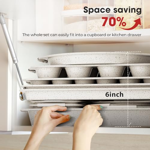 11-Piece Kitchen Nonstick Stackable Bakeware Set, Non Toxic Bakeware Sets with Silicone Handles, Includes Cookie Sheets, Cake Pan, Loaf Pan, Pizza Pan, Muffin Pan, White