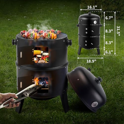 VINGLI 18 Inch Multi-Layer Charcoal BBQ Smoker Grill, Heavy Duty Round Grill, Vertical Smoker with Thermometer, for Outdoor Cooking, Patio, Parties, Backyard