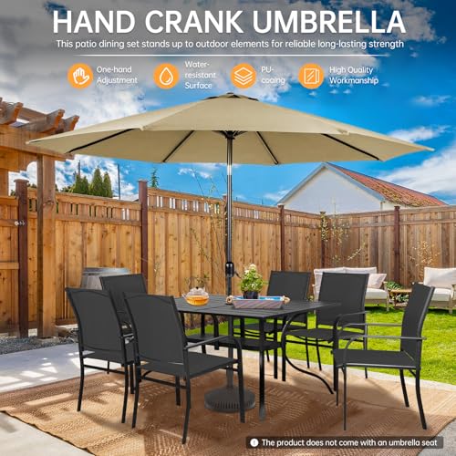 SUNCROWN 8 - Piece Outdoor Dining Set, Patio Furniture Set with 6 Textilene Dinning Chairs, 1 Rectangle Metal Table and 1 Brown 9Ft Patio Umbrella for Lawn Garden Backyard Deck, Black