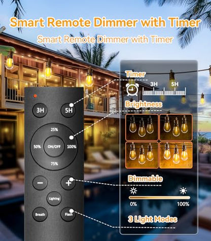 Outdoor String Lights Patio LED - Light Outside 50Ft 15M Waterproof Remote Dimmable S14 Porch Lighting Edison Plastic Bulb Pergola Hanging Balcony Connectable Backyard Yard Gazebo Party Garden Bistro