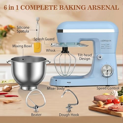LAZMOQUSA Stand Mixer, 6.5 Quart, 660W, Tilt-Head Food Mixer with 10+ Speeds, Stainless Steel, Multifunctional, for Bread Dough and Cake (Blue)