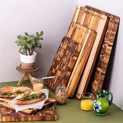 Teakhaus Carving Board with Juice Groove - Small (S) Teak Wood Cutting Board 14”L x 10”W x 1” Thick - Lightweight, Sustainably Harvested & FSC Certified - Knife Friendly with Beeswax Oil Finish