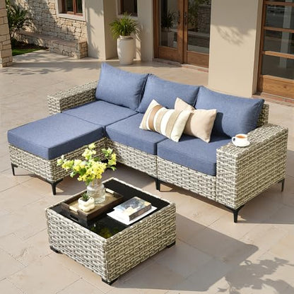 ovios 5-Piece Patio Furniture Set with L-Shaped Sofa Chaise, Outdoor Modular Sectional Couch Coffee Table, Modern Wicker Rattan Conversation Set, Denim Blue
