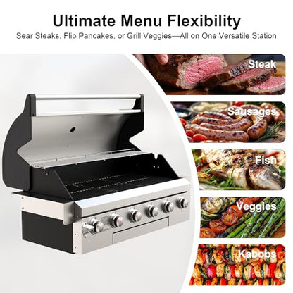 Brand-Man Propane Gas Grill, 40-Inch 6-Burner Built-In Head BBQ Island Outdoor Kitchen, Natural Gas Convertible, Heavy Duty 304 Stainless Steel, 60,000BTUs