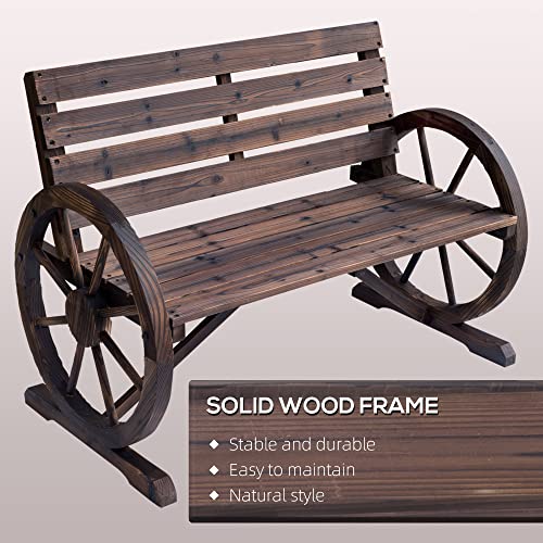 Outsunny 41" Wooden Wagon Wheel Bench, Rustic Outdoor Patio Bench Weather Resistance Furniture, 2-Person Slatted Seat with Backrest, Carbonized