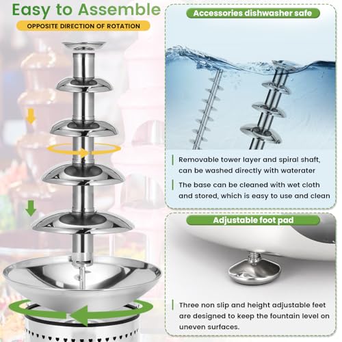 Flyseago Commercial Chocolate Fountain 5 Tiers 13.2 Lbs Nacho Cheese Fountain Stainless Steel Hot Fondue Fountain Machine for Bakery, Party, Gathering, Wedding, Rental, Knob Control