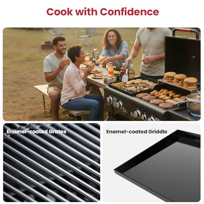 LAUDLIFE 5-Burner Propane Grill Griddle Combo with Side Burner, Dual Zone BBQ Gas Grill, Non-Stick Porcelain-Enameled Surface, Easy to Clean, 702 Sq.In. Cooking Area, Heavy-Duty Stand for Backyard