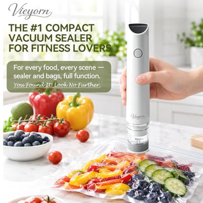 Vieyorn Compact Food Vacuum Sealer Kit,60kPa Pump,30 Reusable Bags-15S/15M