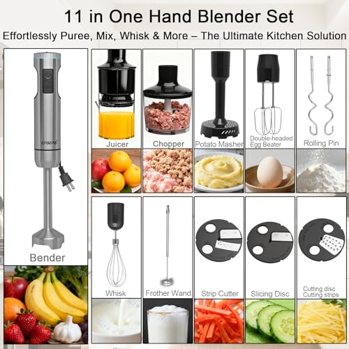 Handheld Immersion Blender Bundle, 1000W Powerful 12-in-1 Set for Smoothies,Orange Juicer,Minced meat,Milk frother,Egg Beater, Dough Hook, Vegetable Chopper, Potato Masher