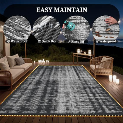 MontVoo Outdoor Rug Waterproof 9x12 ft with Strip Lights Outdoor Patio Rug Mat Reversible Plastic Straw Rug Outside Outdoor Rug for RV Camping Picnic Balcony Backyard