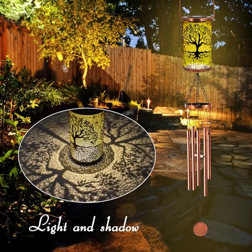 36" Solar Wind Chimes Hanging Lights Outdoor Detachable Led Lantern Metal Wind Chimes for Outside Unique Tree Life Garden Hanging Solar Decorative as Gift for Mom Women Grandma (Bronze)