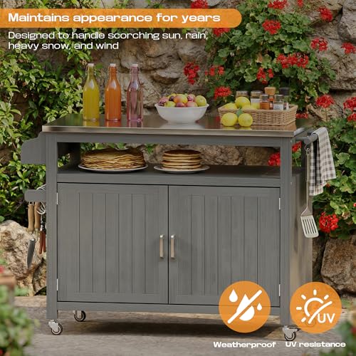 FUQARHY 43.3-Inch Outdoor Kitchen Island with Storage Cabinet and Stainless Steel Top, Solid Wood Prep Station Grill Table with Lockable Wheels for Patio, Backyard, Party (Gray)