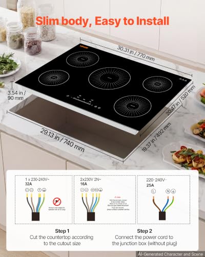 VEVOR Induction Cooktop 30In 5 Burners, Built-in Magnetic Stove, Induction Stove, Touch Control, 9 Power Levels, Ceramic Glass, Child Lock, 9200W, 220V